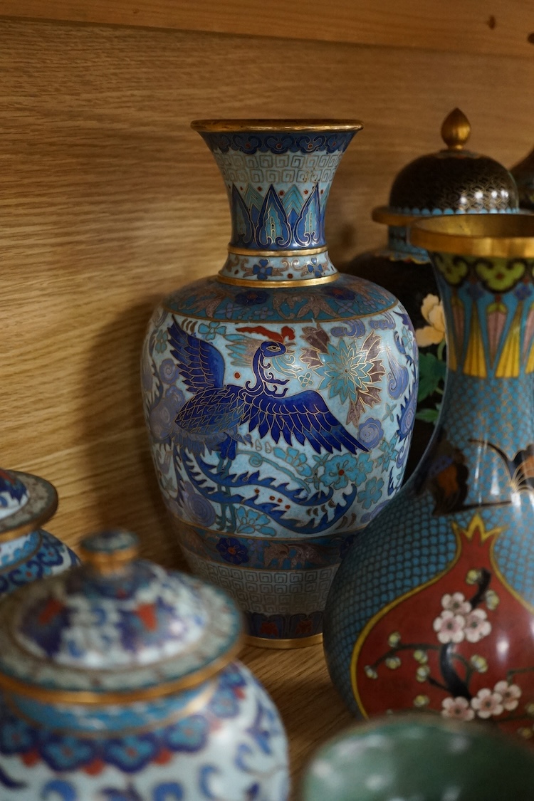 Thirteen various sized Chinese cloisonné enamel jars with covers and similar vases, tallest vase 31cm high.